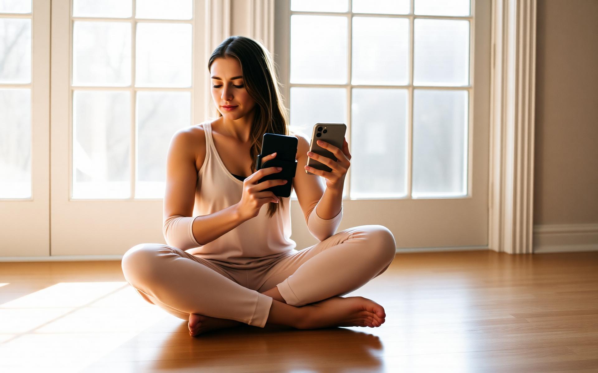 A woman in soft cream athleisure holding a phone with the TAKT tactile accessory